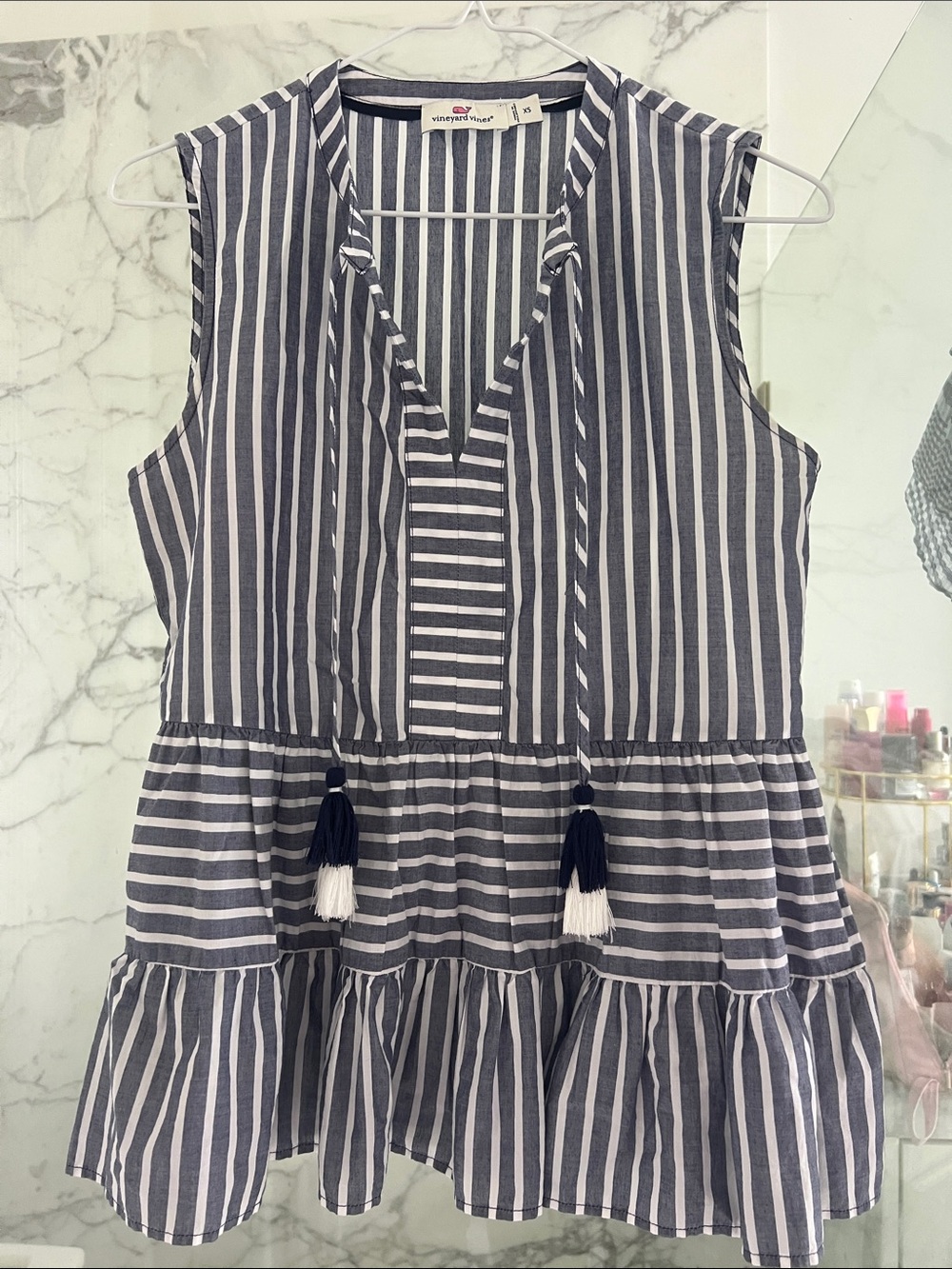 Vineyard Vines Navy & White Striped Tassel Peplum Top XS